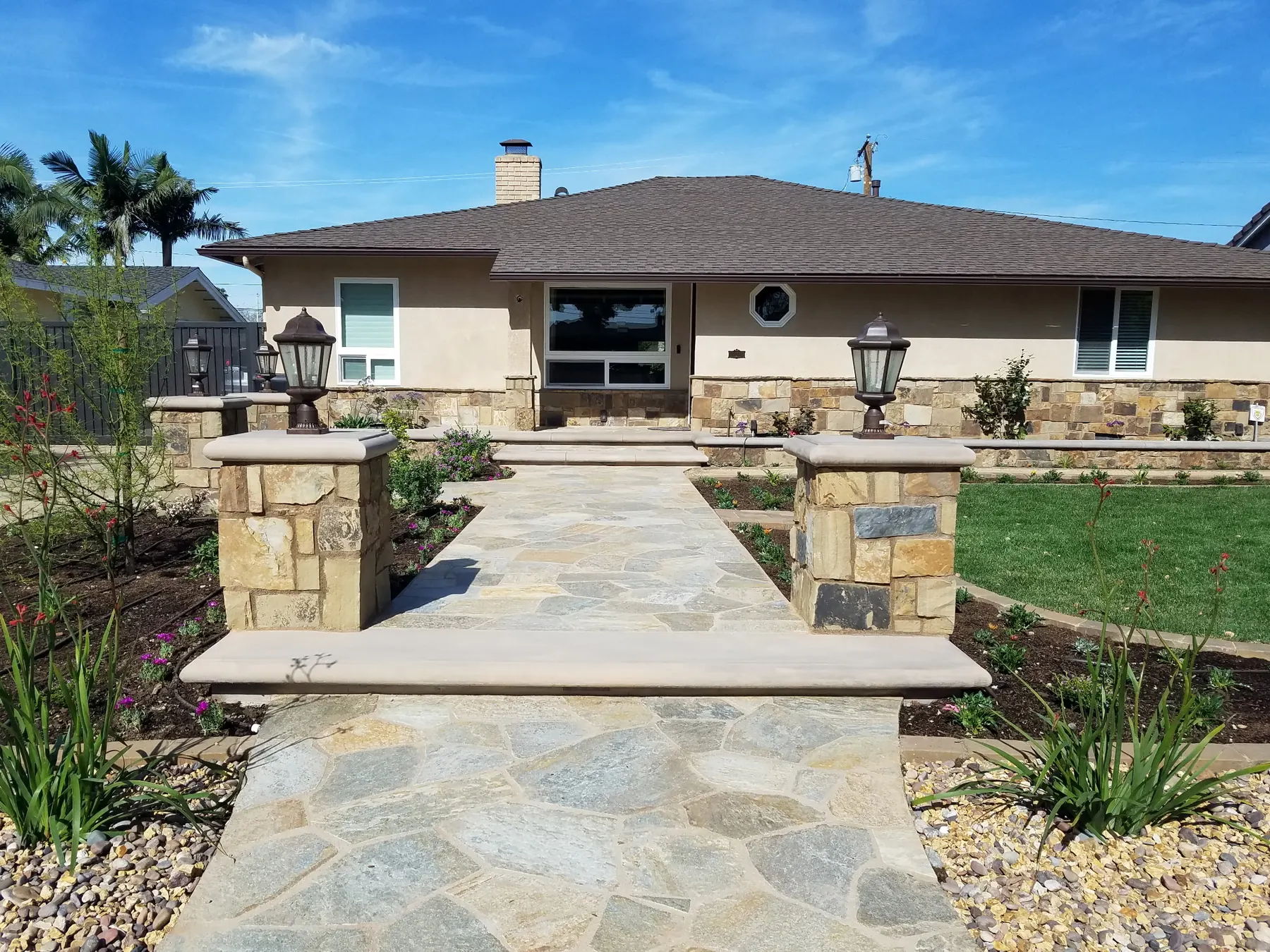 Finished West Covina residence exterior with custom paver hardscape